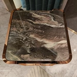 Sculptural Sofa Side Table with Natural Stone Top, Dark Striped Wood Veneer, Open Display Niche and Rose-Gold Stainless Steel Accents